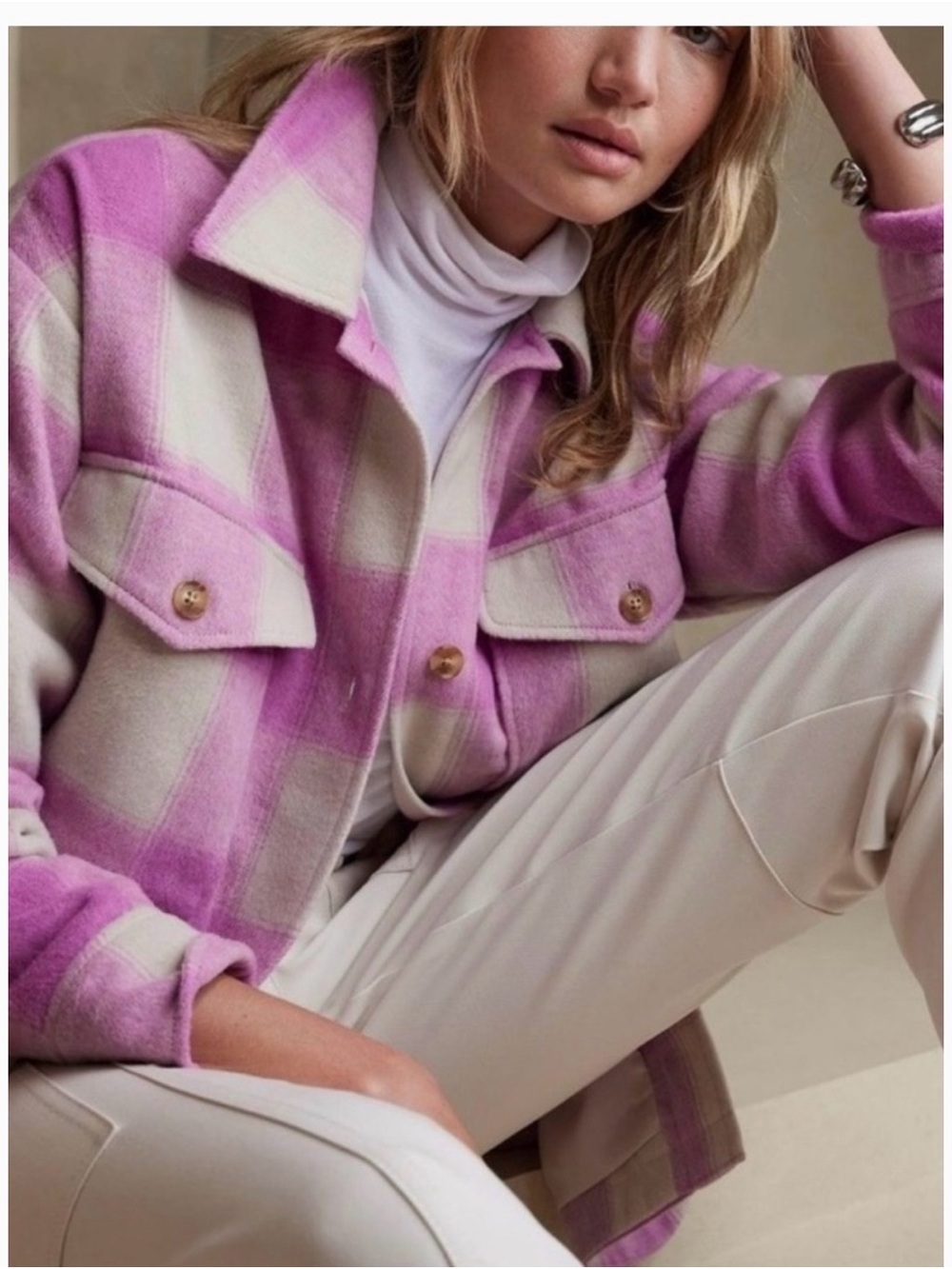 Banana Republic Plaid Shacket Jacket Medium Purple Pink Wool Blend Overshirt